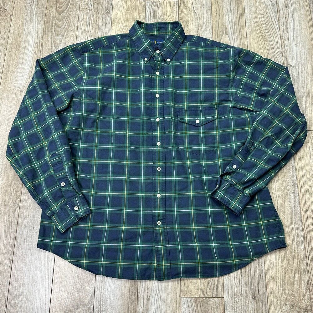 VTG Ralph Lauren Men XLT Blue‎ Green Plaid Button Shirt Long Sleeve Cotton